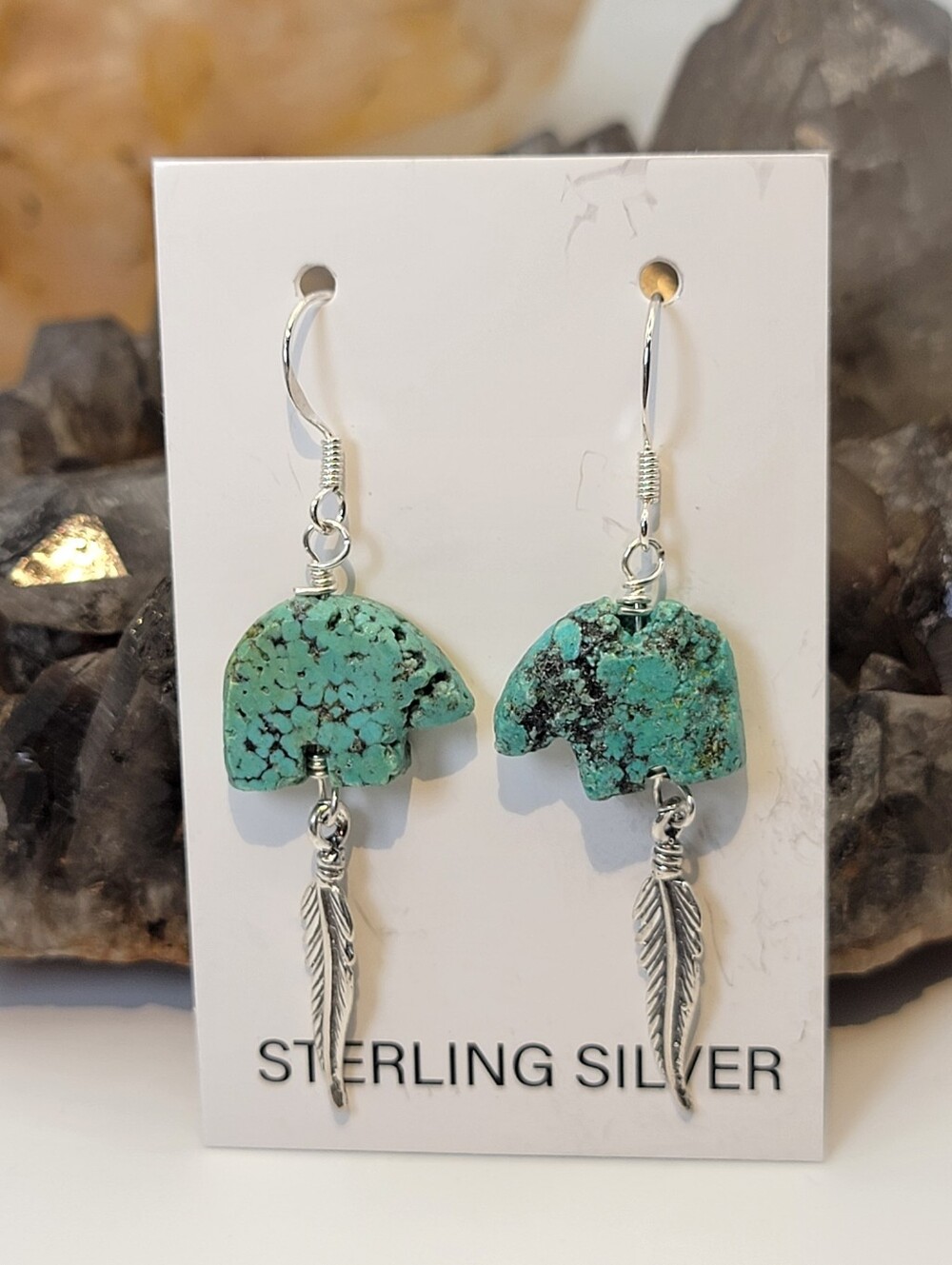 NEW Sterling Silver Kingman Turquoise Carved Bear & Feather Dangle Earrings